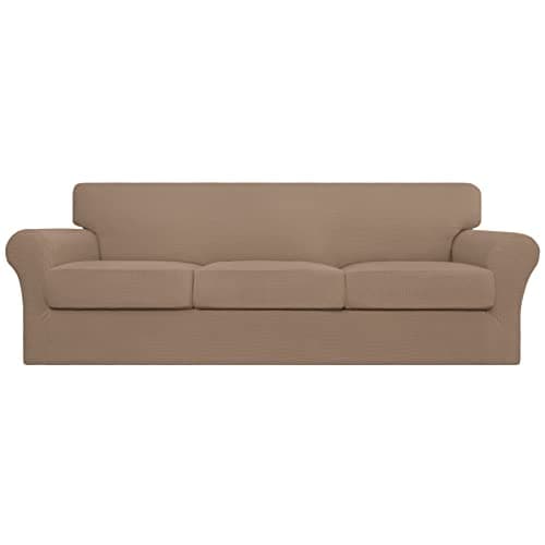 Easy-Growing Couch Cover with 3 Cushion Covers, Dark Gray Spandex Protector — Camel