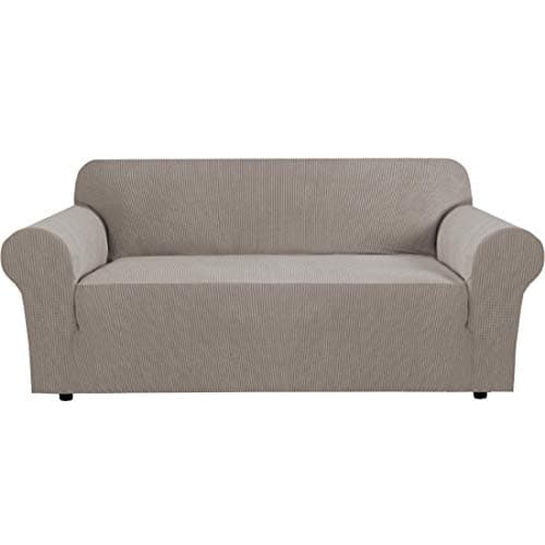 Stretch Sofa Cover for 3 Cushion Couch in Thick Checked Jacquard Fabric - Taupe