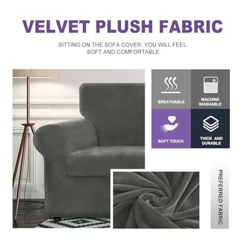 ZNSAYOTX Luxury Velvet Couch Cover, Grey, 72"-92" Stretch Sofa Protector