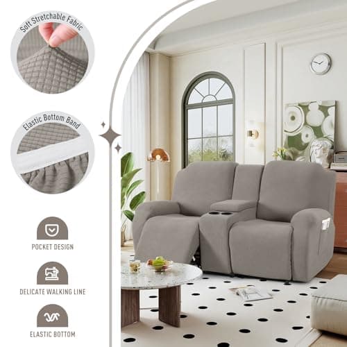 Stretch Reclining Loveseat Cover with Middle Console for 2-Seat Recliner, Pale Brown