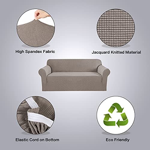 Stretch Sofa Cover for 3 Cushion Couch in Thick Checked Jacquard Fabric - Taupe