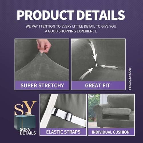 ZNSAYOTX Luxury Velvet Couch Cover, Grey, 72"-92" Stretch Sofa Protector