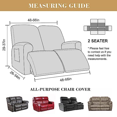 6 Pieces Stretch Recliner Chair Cover - Dark Gray 2 Seater Sofa Cover with Elastic Bottom and Ties