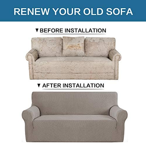 Stretch Sofa Cover for 3 Cushion Couch in Thick Checked Jacquard Fabric - Taupe