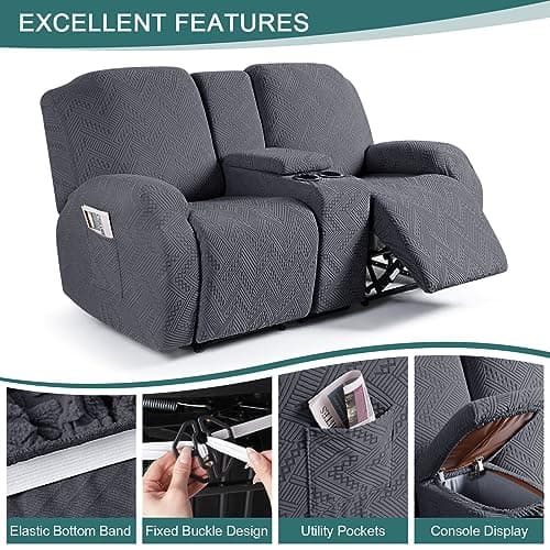 Stretch Loveseat Recliner Covers with Console and Pockets - 2 Seater, Dark Gray