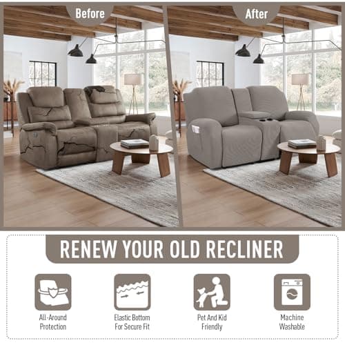 Stretch Reclining Loveseat Cover with Middle Console for 2-Seat Recliner, Pale Brown