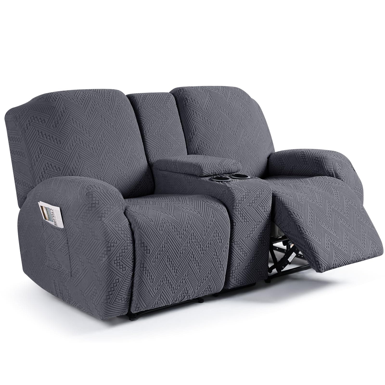 Stretch Loveseat Recliner Covers with Console and Pockets - 2 Seater, Dark Gray